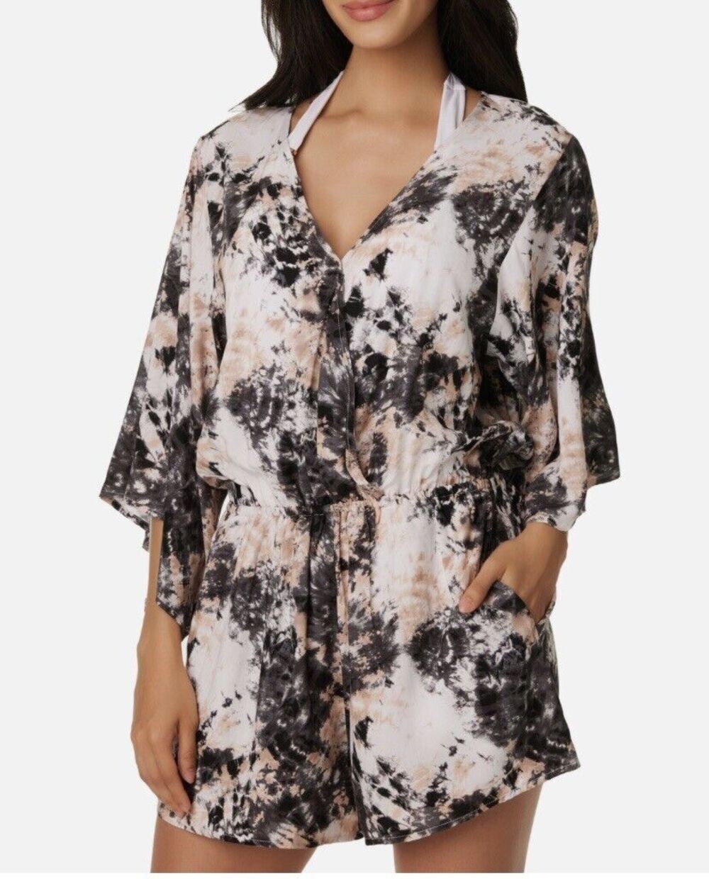 Bar III Hidden Marble Tie Dye Swim Cover Up Romper Sz S Blush Pink Black Shorts